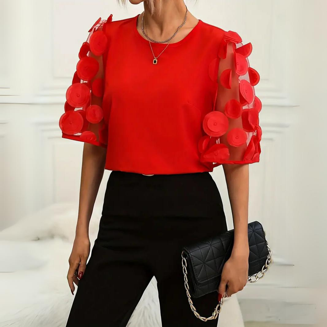 Statement Sleeve Mesh Dot Top | Lightweight Woven | Relaxed Fit