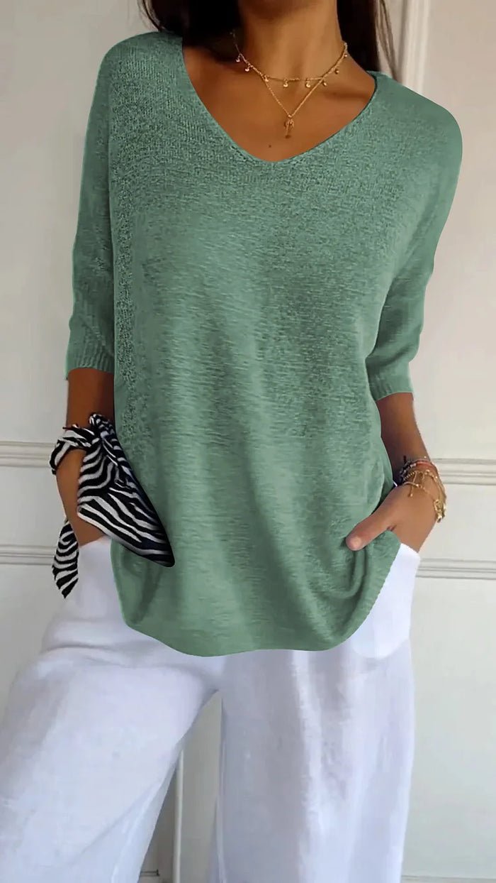 V-Neck Lightweight Knit Top | 3/4 Sleeve | Relaxed Everyday Fit