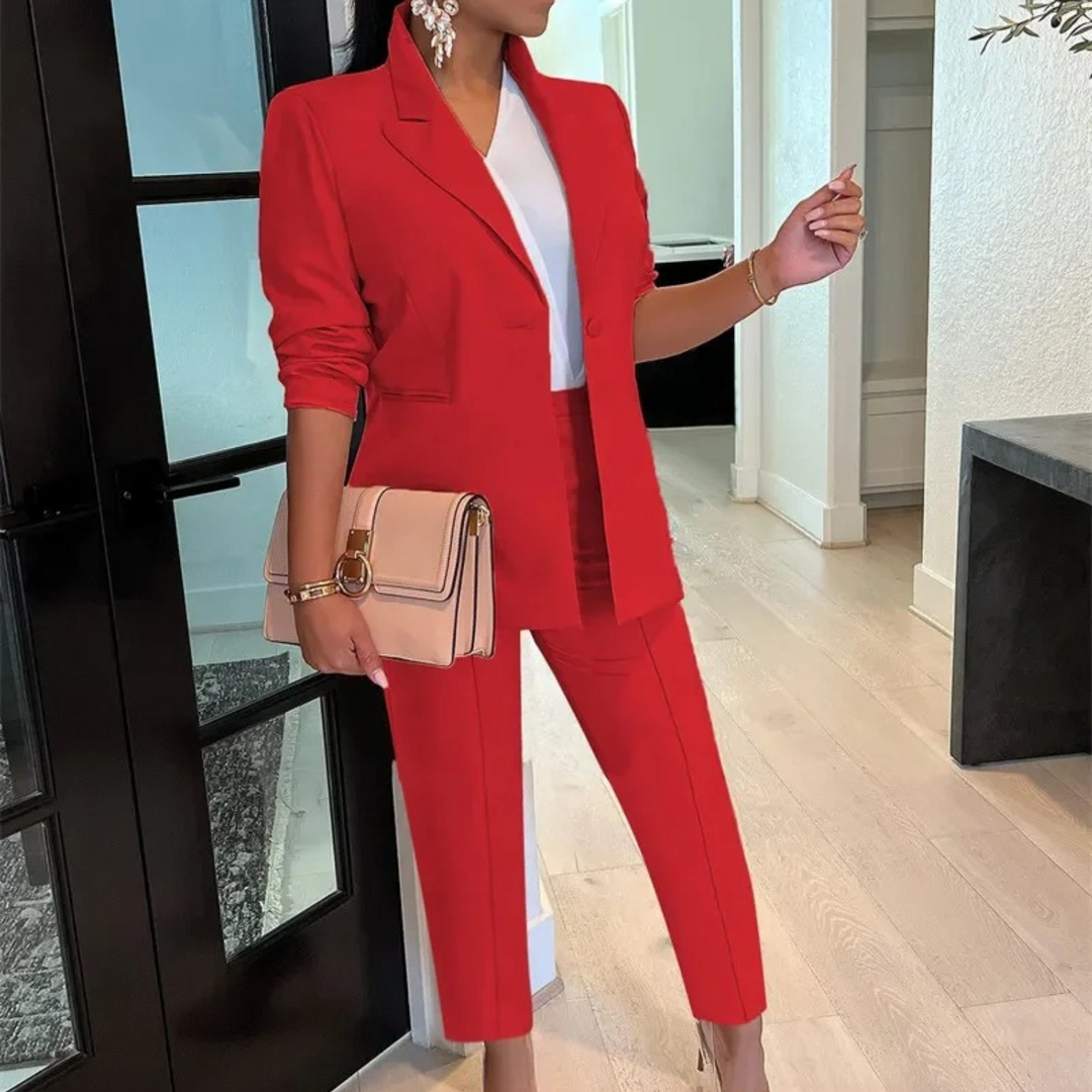 Women's Blazer and Trousers Set - High-Waist Trousers with One-Button Closure