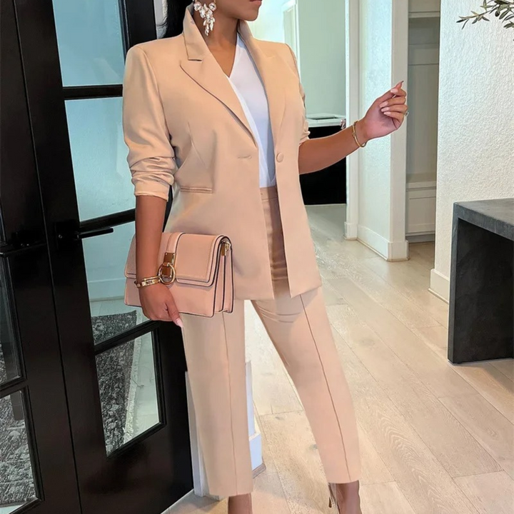 Women's Blazer and Trousers Set - High-Waist Trousers with One-Button Closure