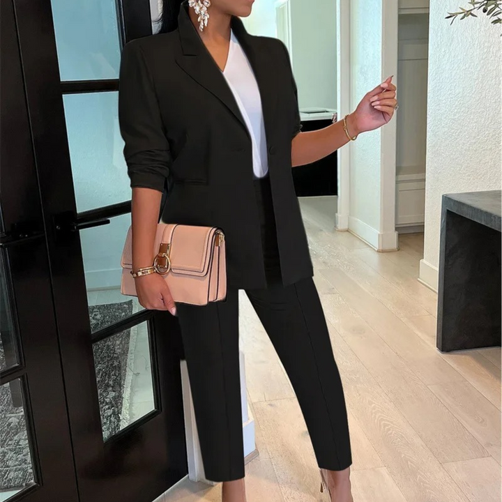 Women's Blazer and Trousers Set - High-Waist Trousers with One-Button Closure