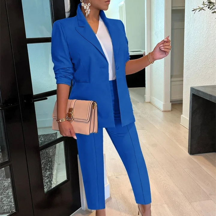 Women's Blazer and Trousers Set - High-Waist Trousers with One-Button Closure