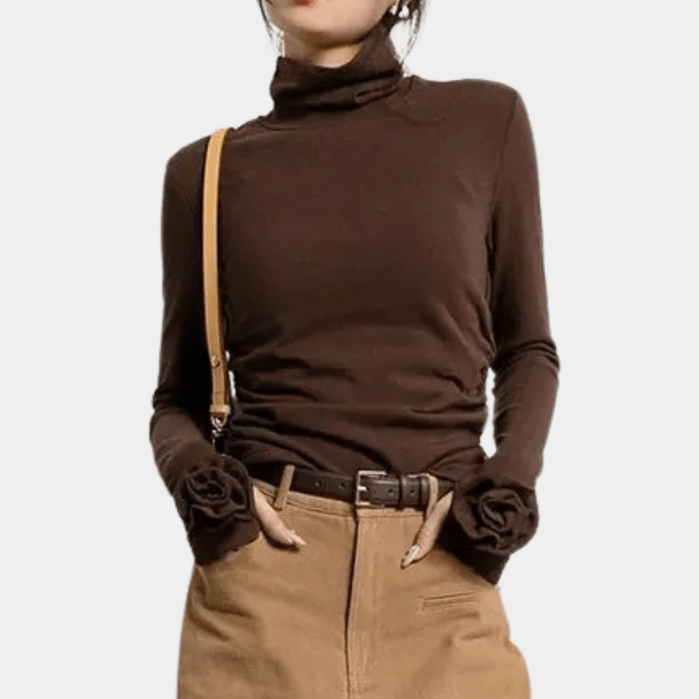 Elegant Turtleneck Top | 3D Floral Cuff Detail | Slim Fit | Chic Minimalist