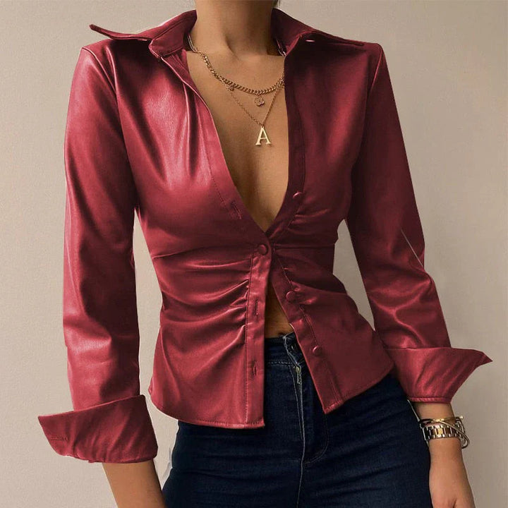 Vegan Leather Tie-Front Blouse | Deep V-Neck | Tailored with Flared Hem