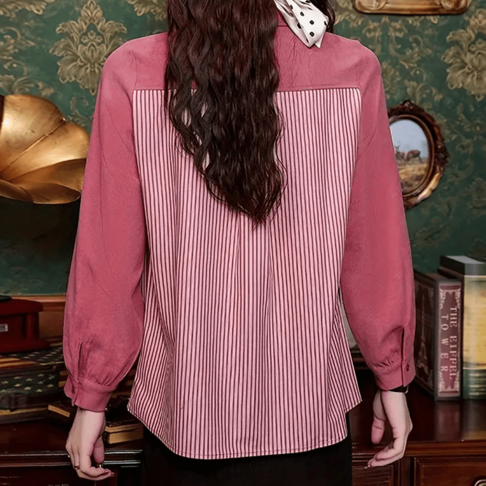 Vintage-Inspired Button-Up Blouse | Elegant Bow Detail | Striped & Solid Contrast | Office & Casual