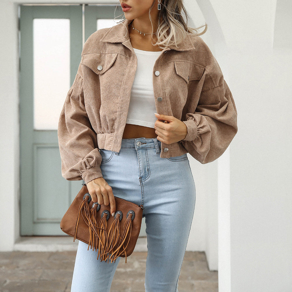 Women's Corduroy Cropped Denim Jacket - Oversized Fit Balloon Sleeves