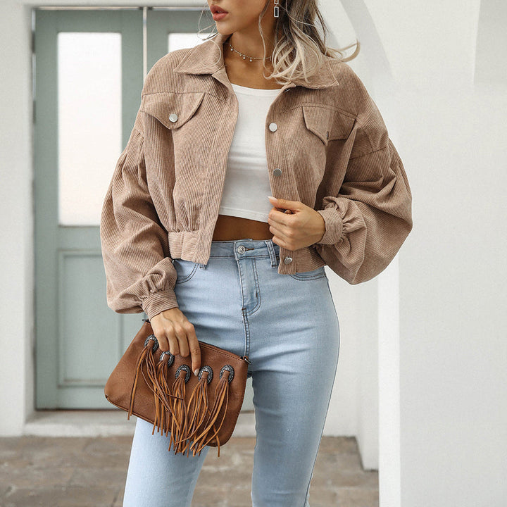 Women's Corduroy Cropped Denim Jacket - Oversized Fit Balloon Sleeves
