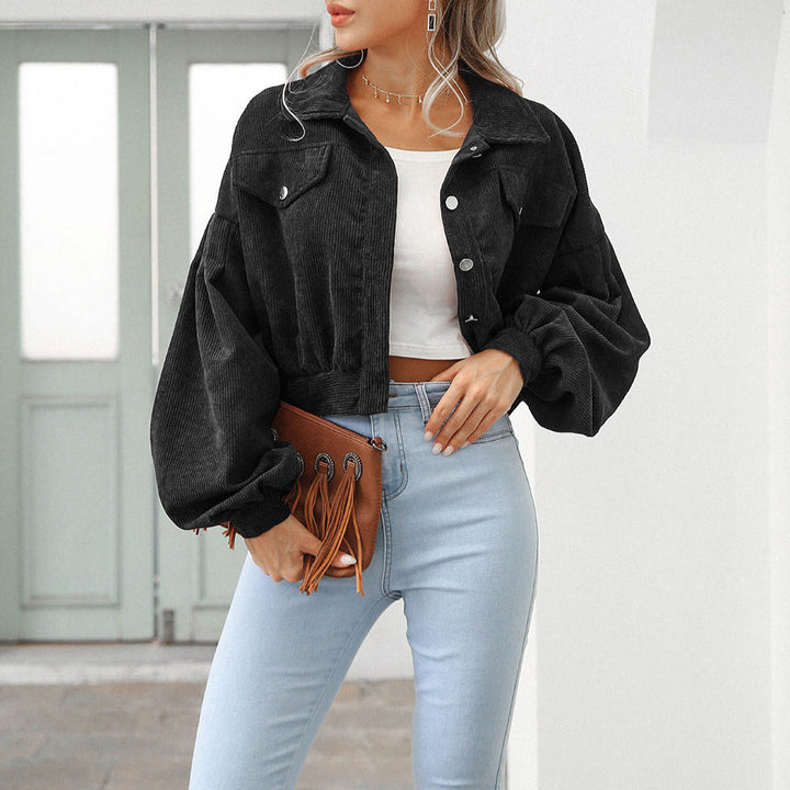 Women's Corduroy Cropped Denim Jacket - Oversized Fit Balloon Sleeves