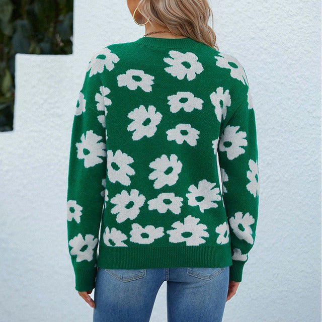 Floral Knit Sweater | Green & White | Cosy Nylon Blend | Casual Wear