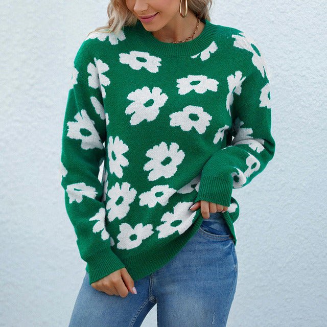 Floral Knit Sweater | Green & White | Cosy Nylon Blend | Casual Wear