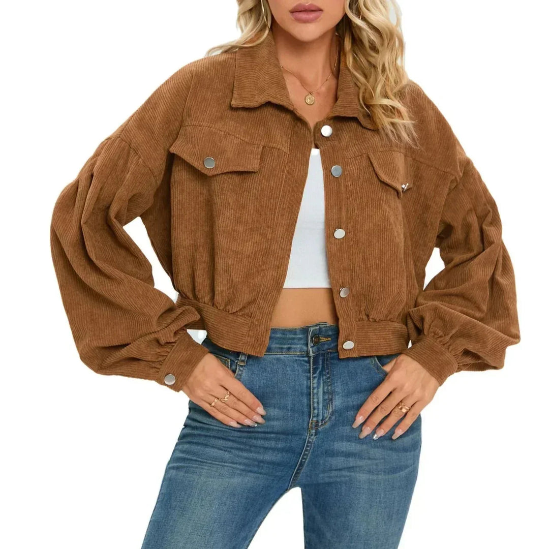 Women's Corduroy Cropped Denim Jacket - Oversized Fit Balloon Sleeves