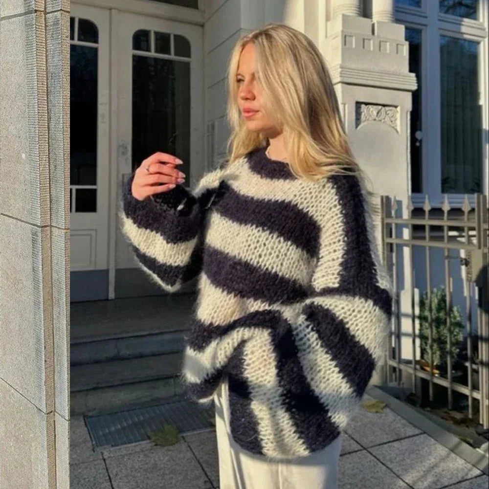 Fluffy Striped Sweater | Soft Knit Texture | Oversized Design