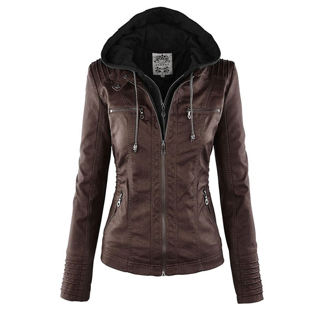 Women’s Brown Hooded Zip-Up Jacket – All-Season Casual Outerwear