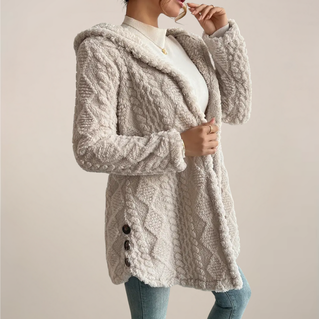 Women’s Cream Hooded Jacquard Plush Coat – Warm All-Season Cardigan Jacket