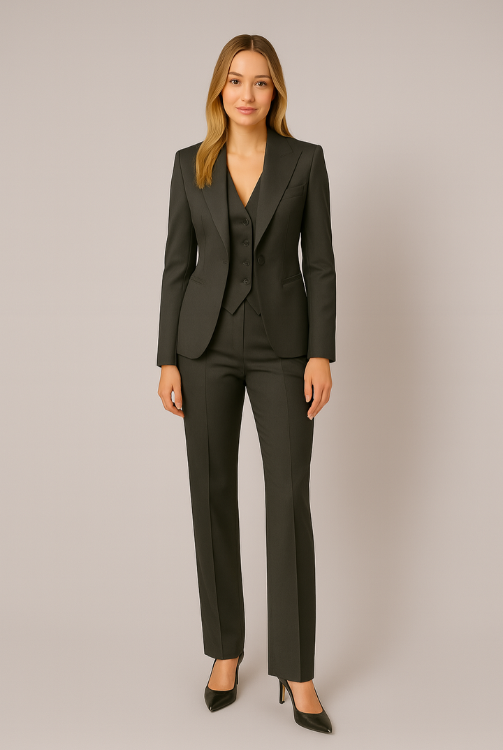 Women’s Black Three-Piece Slim Fit Suit – Tailored Blazer, Vest, and Trousers – Elegant All-Season Outfit