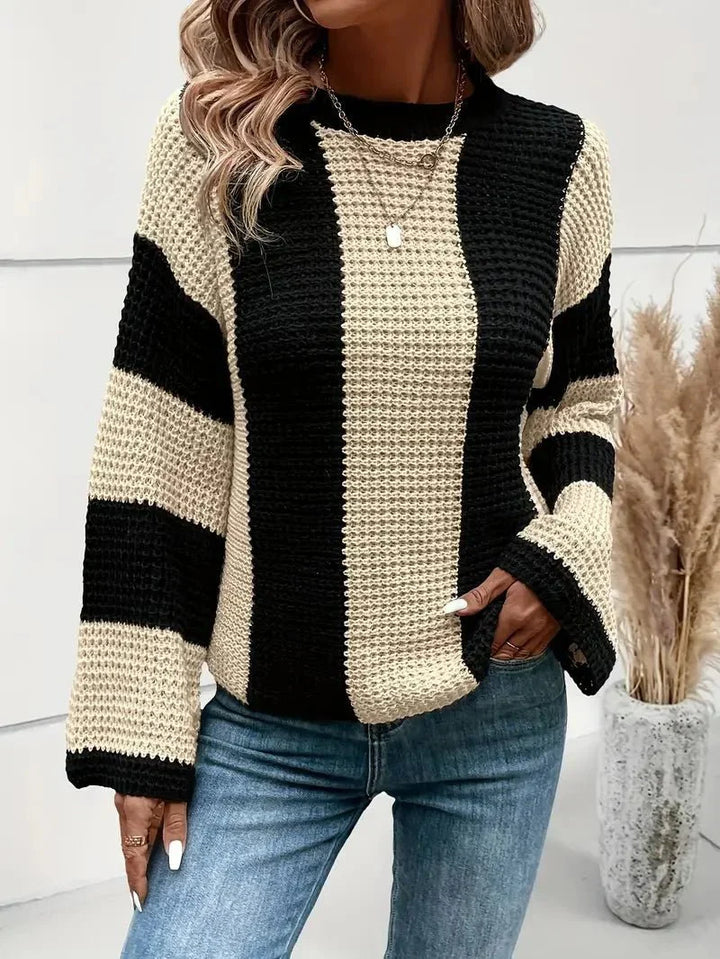 Black & Beige Striped Sweater| Bold Contrast Design | Flared Sleeves