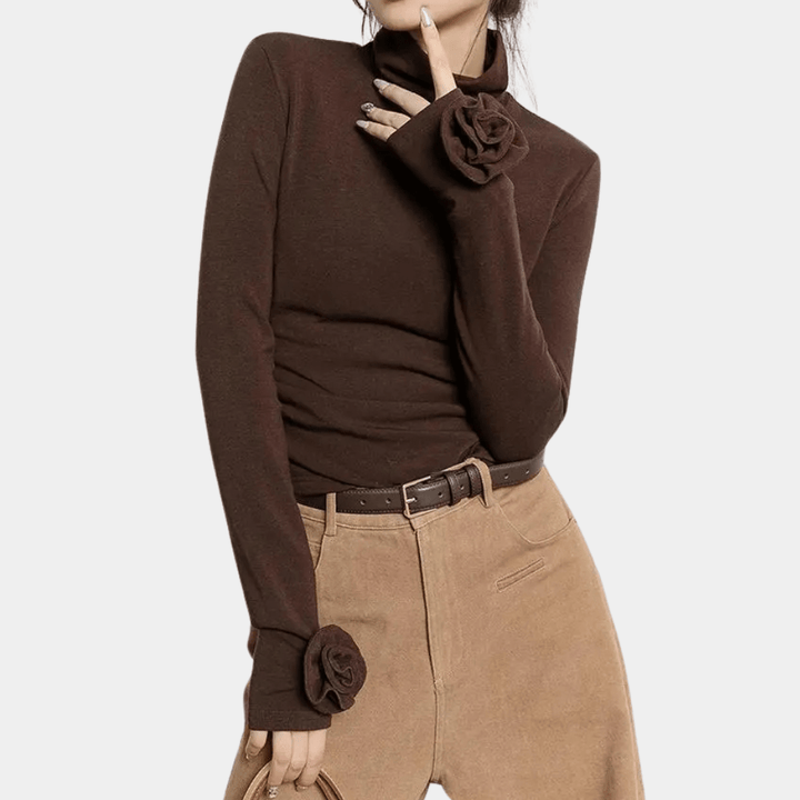Elegant Turtleneck Top | 3D Floral Cuff Detail | Slim Fit | Chic Minimalist