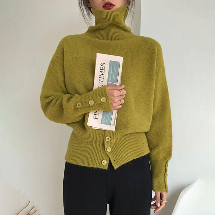 Asymmetrical Turtleneck Knit Sweater | Button Detail | Soft Acrylic Blend | Contemporary Chic