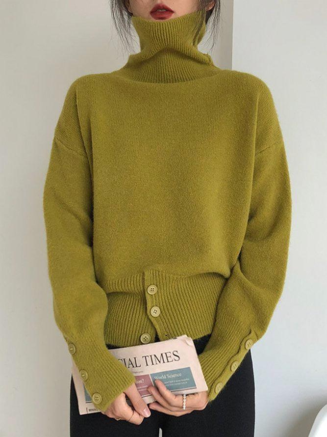 Asymmetrical Turtleneck Knit Sweater | Button Detail | Soft Acrylic Blend | Contemporary Chic