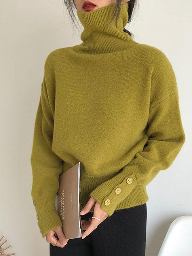 Asymmetrical Turtleneck Knit Sweater | Button Detail | Soft Acrylic Blend | Contemporary Chic