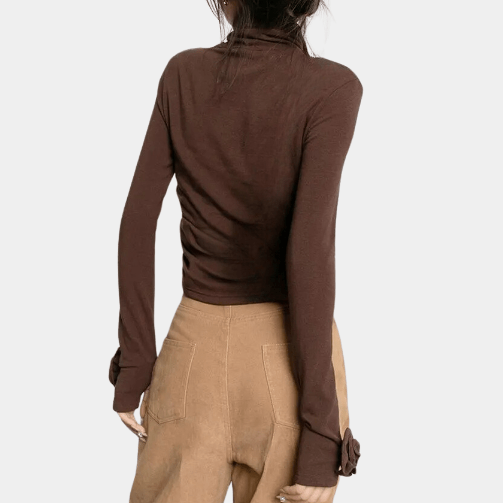 Elegant Turtleneck Top | 3D Floral Cuff Detail | Slim Fit | Chic Minimalist