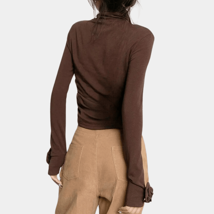 Elegant Turtleneck Top | 3D Floral Cuff Detail | Slim Fit | Chic Minimalist