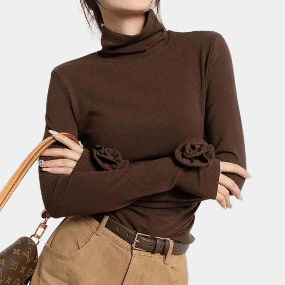 Elegant Turtleneck Top | 3D Floral Cuff Detail | Slim Fit | Chic Minimalist