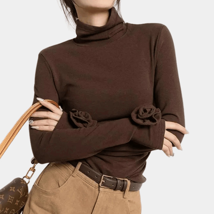 Elegant Turtleneck Top | 3D Floral Cuff Detail | Slim Fit | Chic Minimalist