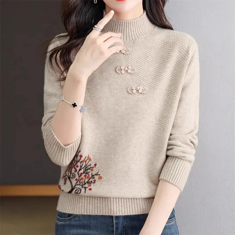 Embroidered High-Neck Sweater | Elegant Button Detail | Soft Knit Fabric | Sophisticated Style