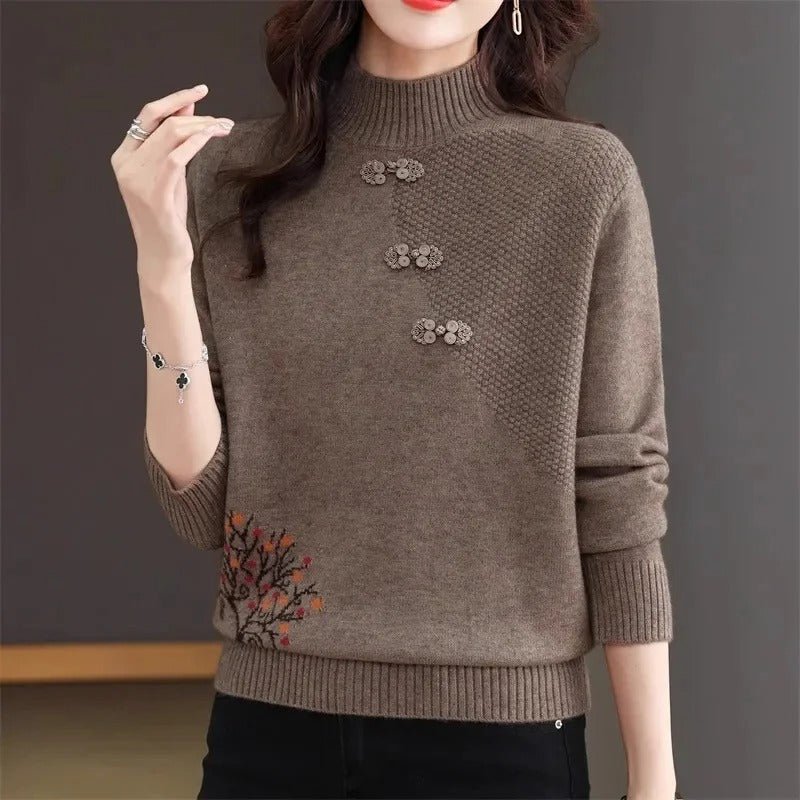 Embroidered High-Neck Sweater | Elegant Button Detail | Soft Knit Fabric | Sophisticated Style