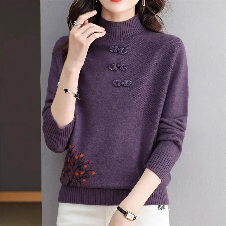 Embroidered High-Neck Sweater | Elegant Button Detail | Soft Knit Fabric | Sophisticated Style