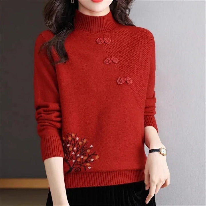 Embroidered High-Neck Sweater | Elegant Button Detail | Soft Knit Fabric | Sophisticated Style